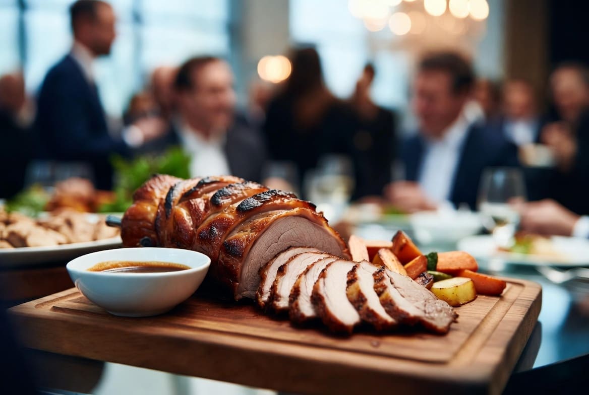 Sliced roasted meat from a spit braai served with gravy and vegetables at a corporate event, blurred business people in background, professional presentation