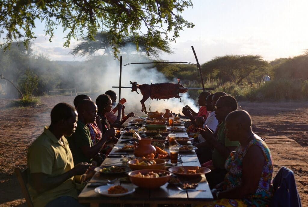 Traditional outdoor gathering showcasing African food cuisine with a spit braai roasting in the background