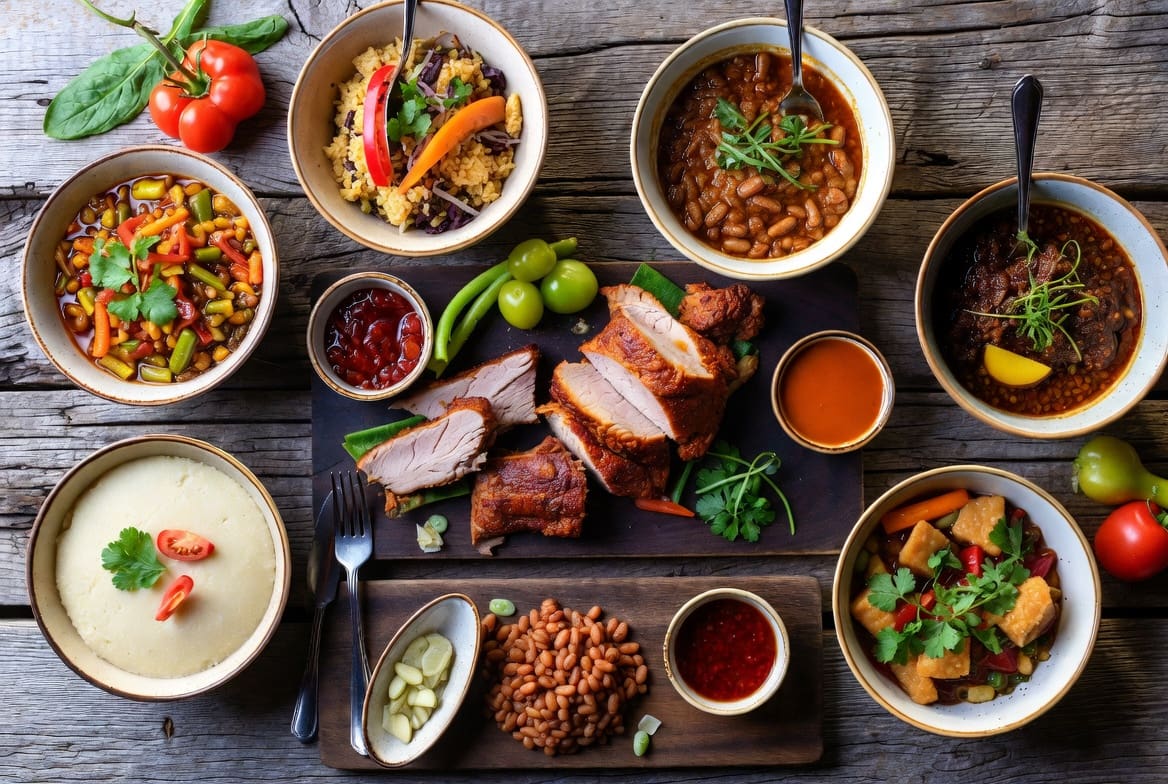 Colourful African food cuisine spread featuring spit-roasted meat, pap, stews, beans and traditional sides