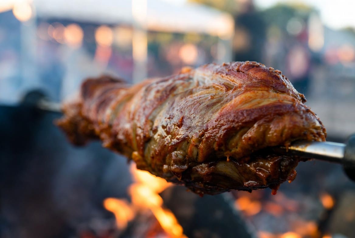 Close-up of crispy golden roasted meat on a spit for spit braai packages, juicy texture with warm fire lighting