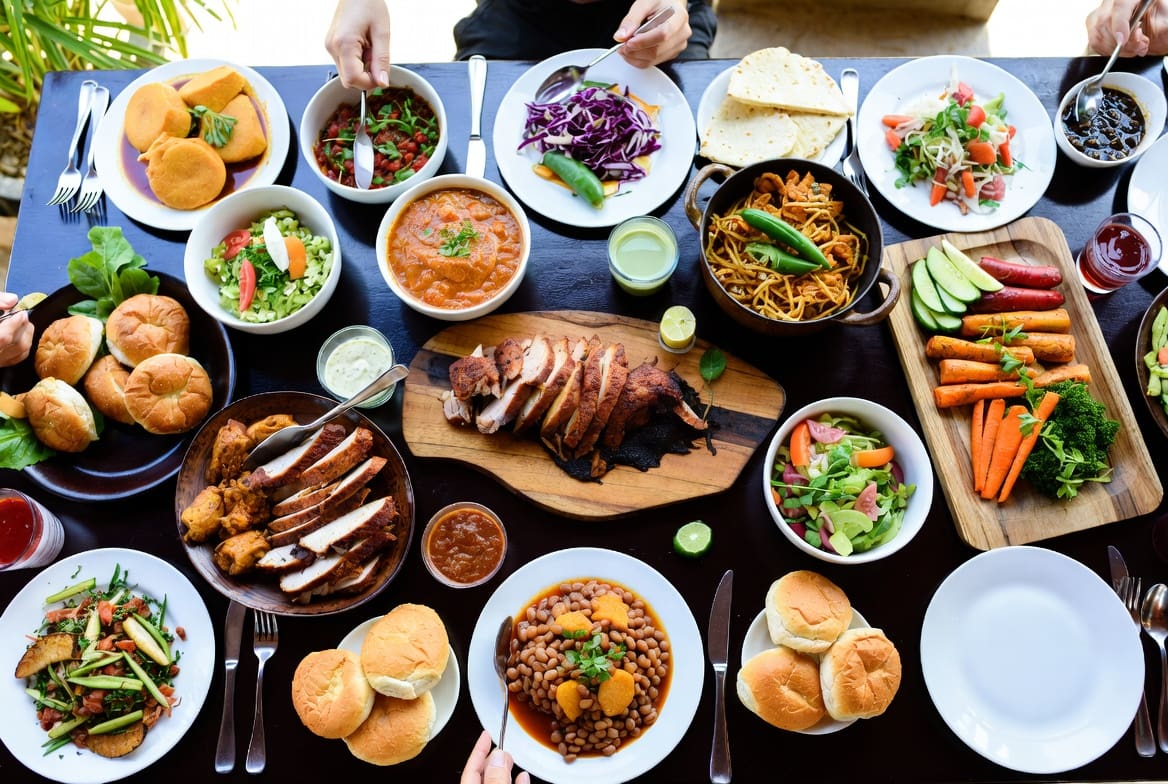 Vibrant table of different cultures in South Africa and their food including spit-roasted meat, samp and beans, curries, salads and traditional dishes