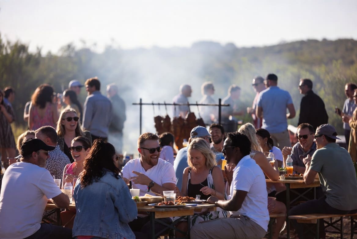 Diverse group of people enjoying a meal at an outdoor gathering with a spit braai in the background, representing different cultures in South Africa and their food