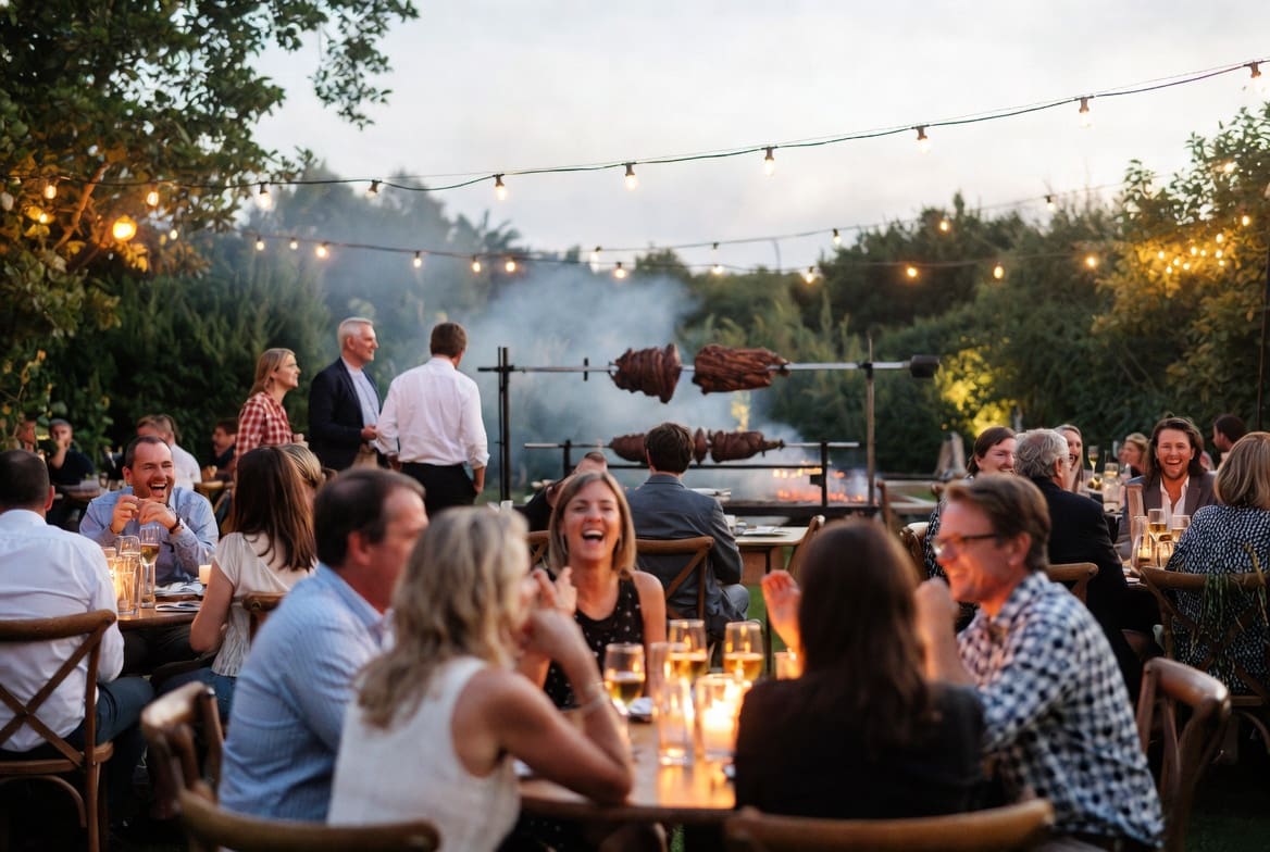 Guests enjoying a relaxed outdoor event with spit braai in the background, a flexible alternative to restaurants near me