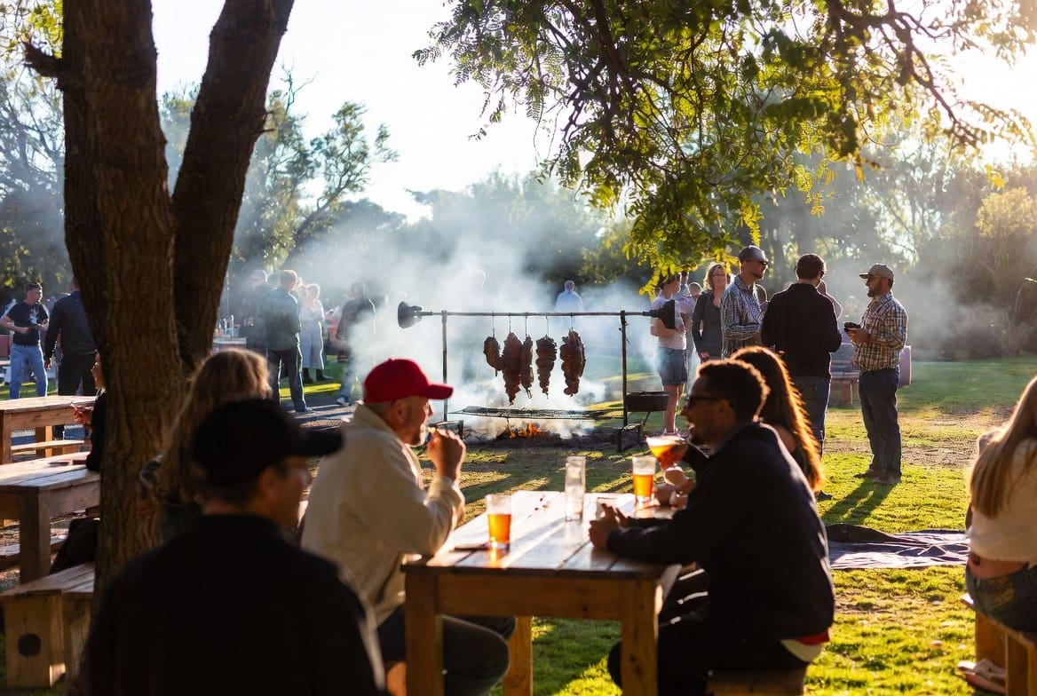 Wide shot of people seated at tables at a casual outdoor event with a spit braai setup clearly visible in the background