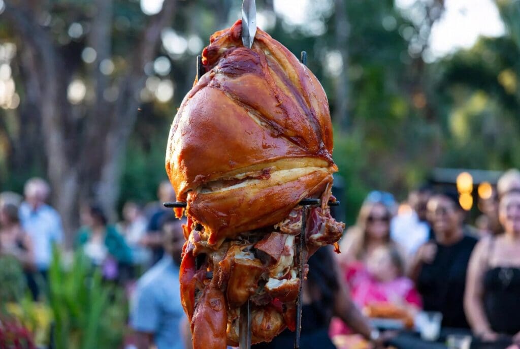 Professional spitbraai catering near me at a local outdoor garden event in Johannesburg with blurred happy guests, whole roasted pork on the spit